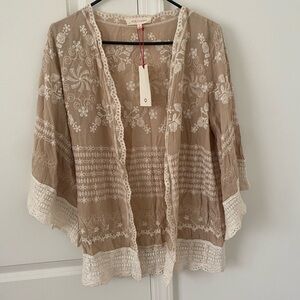 SOLITAIRE Anthropologie Beige Ivory Embroidered Open Cardigan Top Boho NWT Small